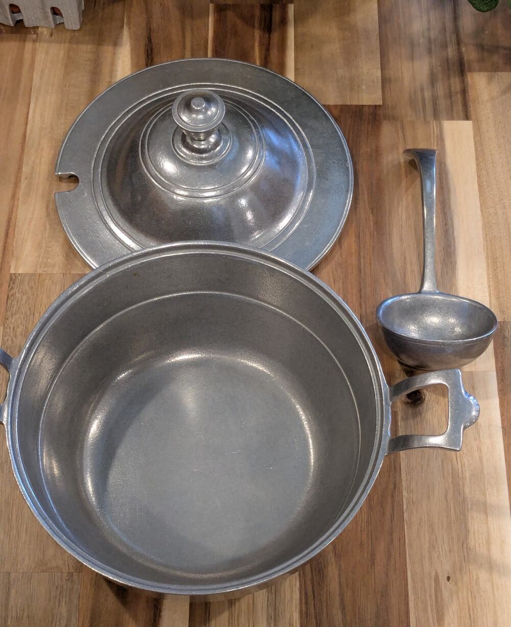 Vintage Pewter Soup Tureen with Lid & Ladle Set - Covered Stew Serving Dish